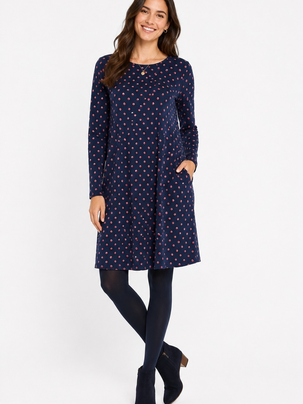 Boden Navy Pink Shadow Dot Tunic Dress 12R Tencel Cotton Blend Pockets Stretch